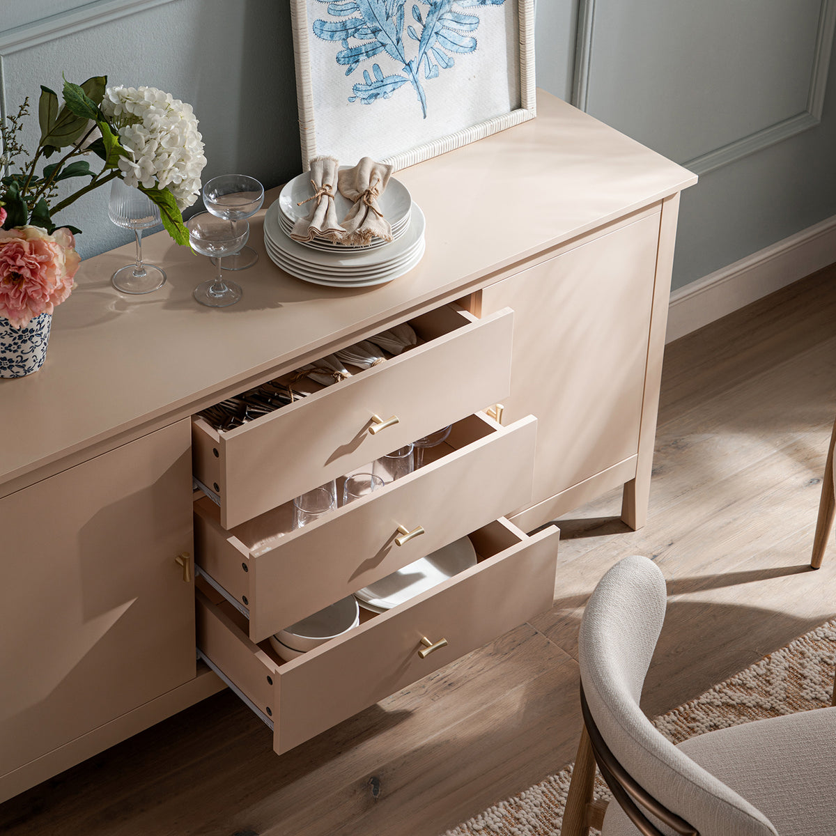 Oakham Wide Sideboard with Drawers, Nude Pink