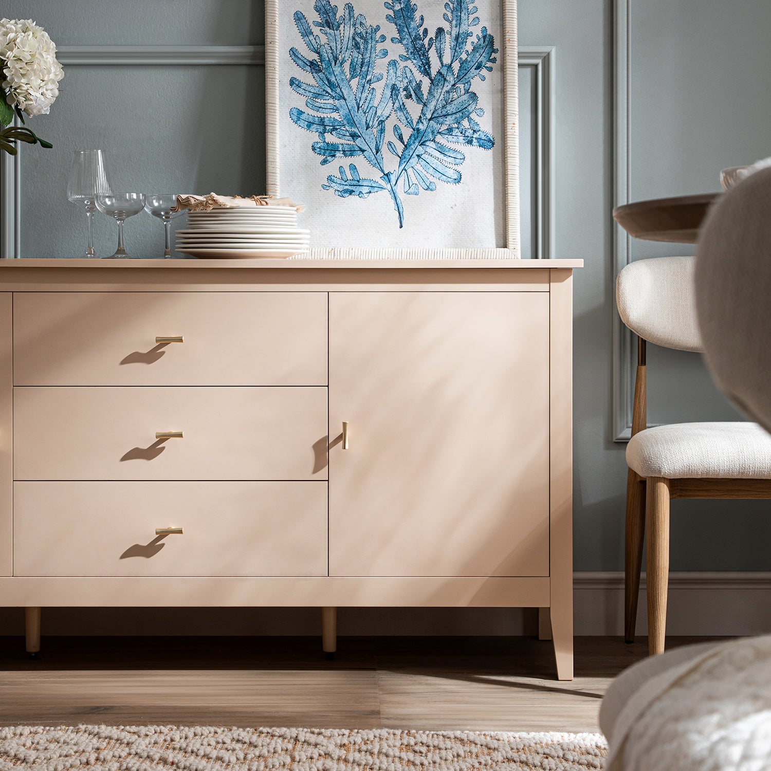 Oakham Wide Sideboard with Drawers, Nude Pink
