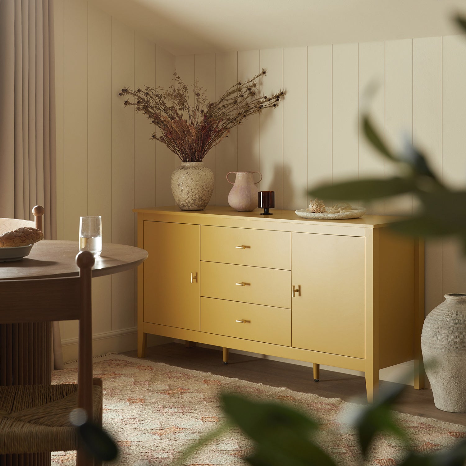 Oakham Wide Sideboard with Drawers, Rattan Yellow