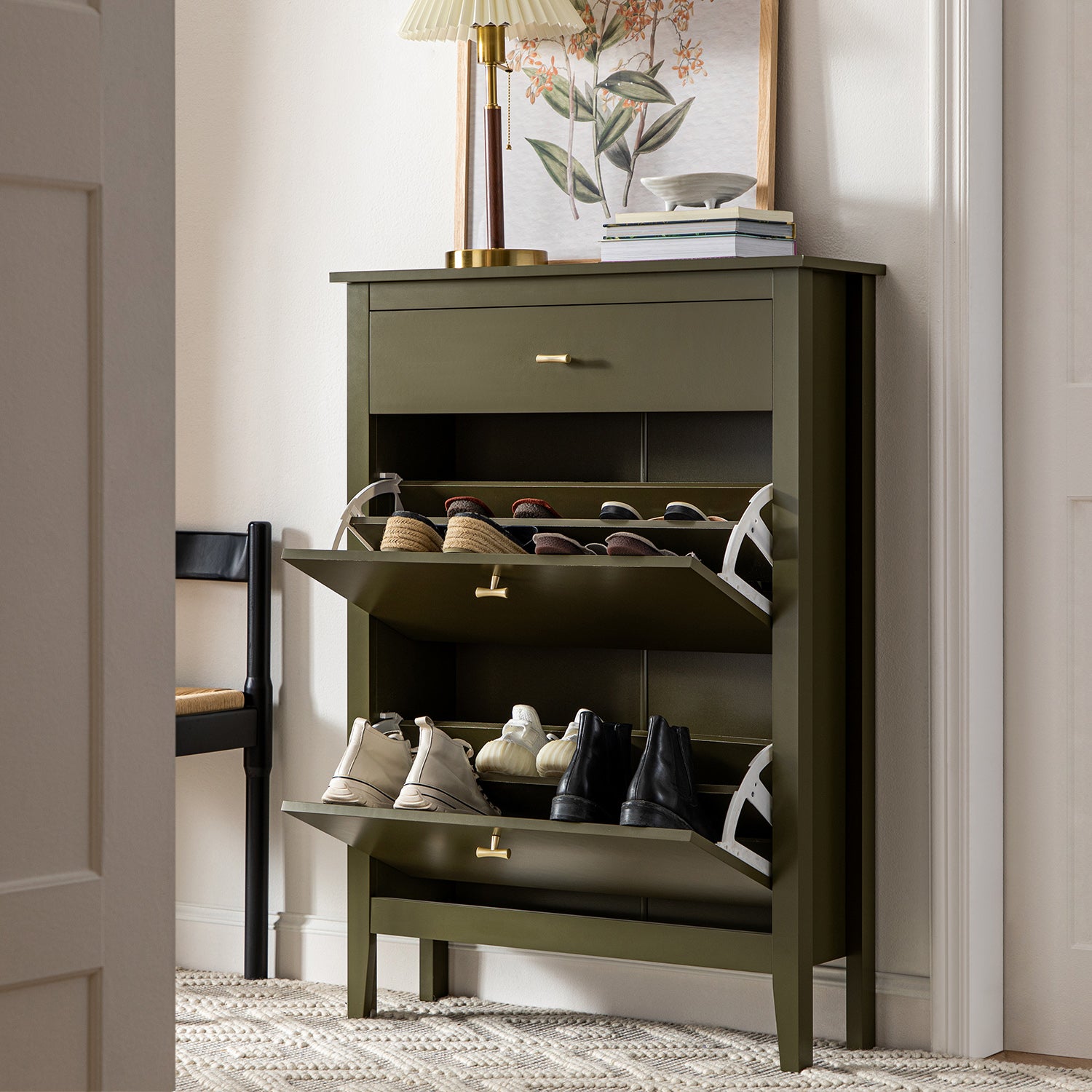 Oakham 2-Tier Shoe Cabinet with Top Drawer, Olive Grove