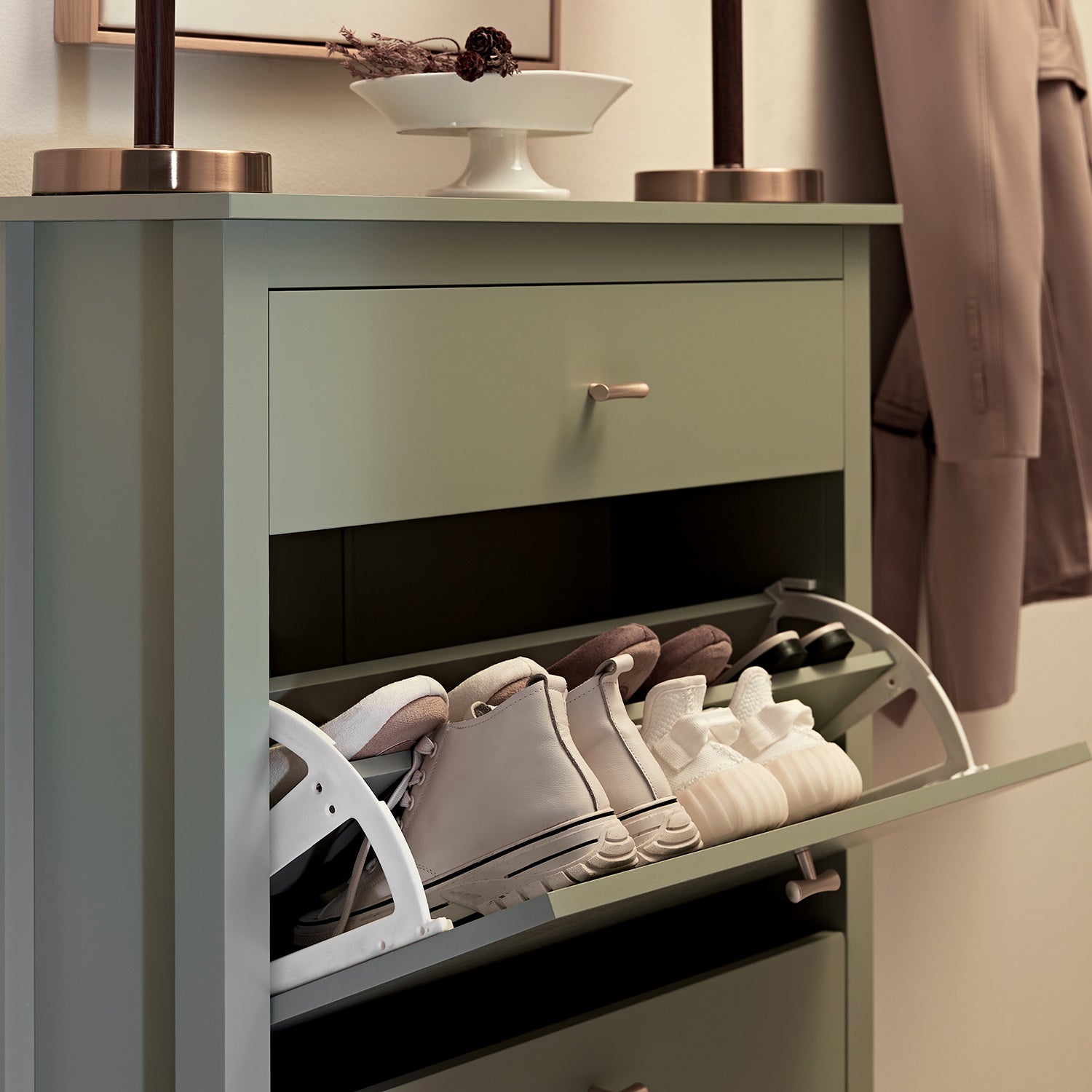 Oakham 2-Tier Shoe Cabinet with Top Drawer, Desert Sage