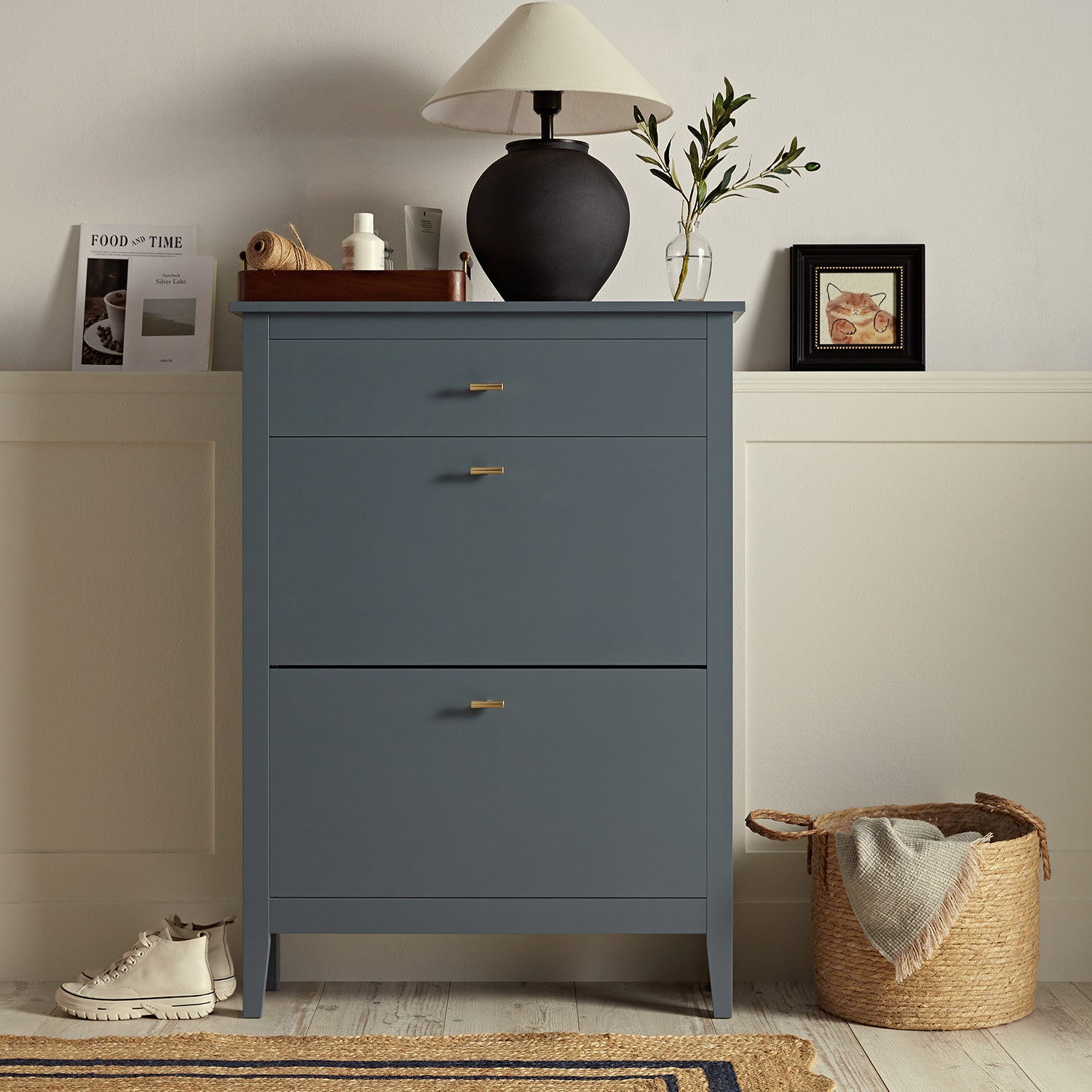 Oakham 2-Tier Shoe Cabinet with Top Drawer, Stormy Blue