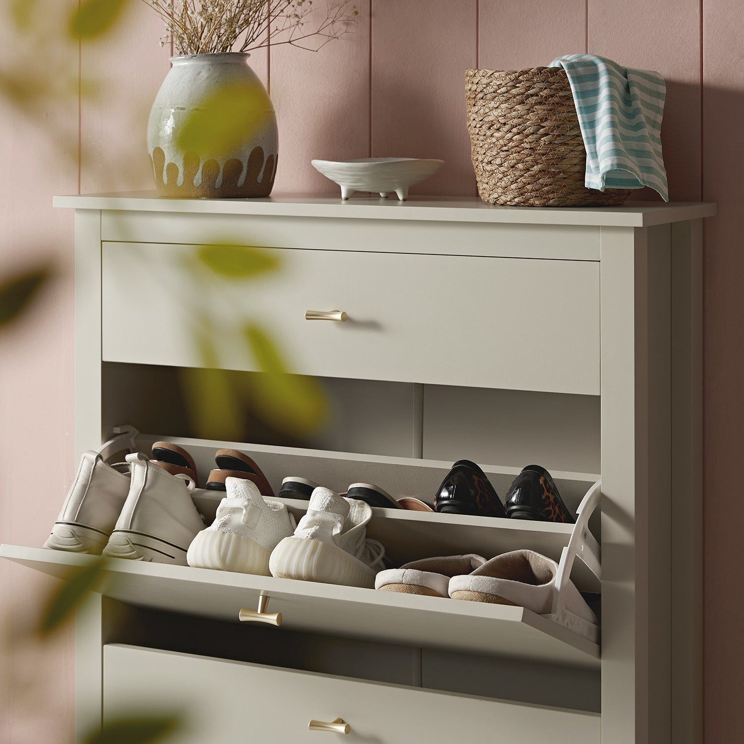 Oakham 2-Tier Shoe Cabinet with Top Drawer, Shaded White