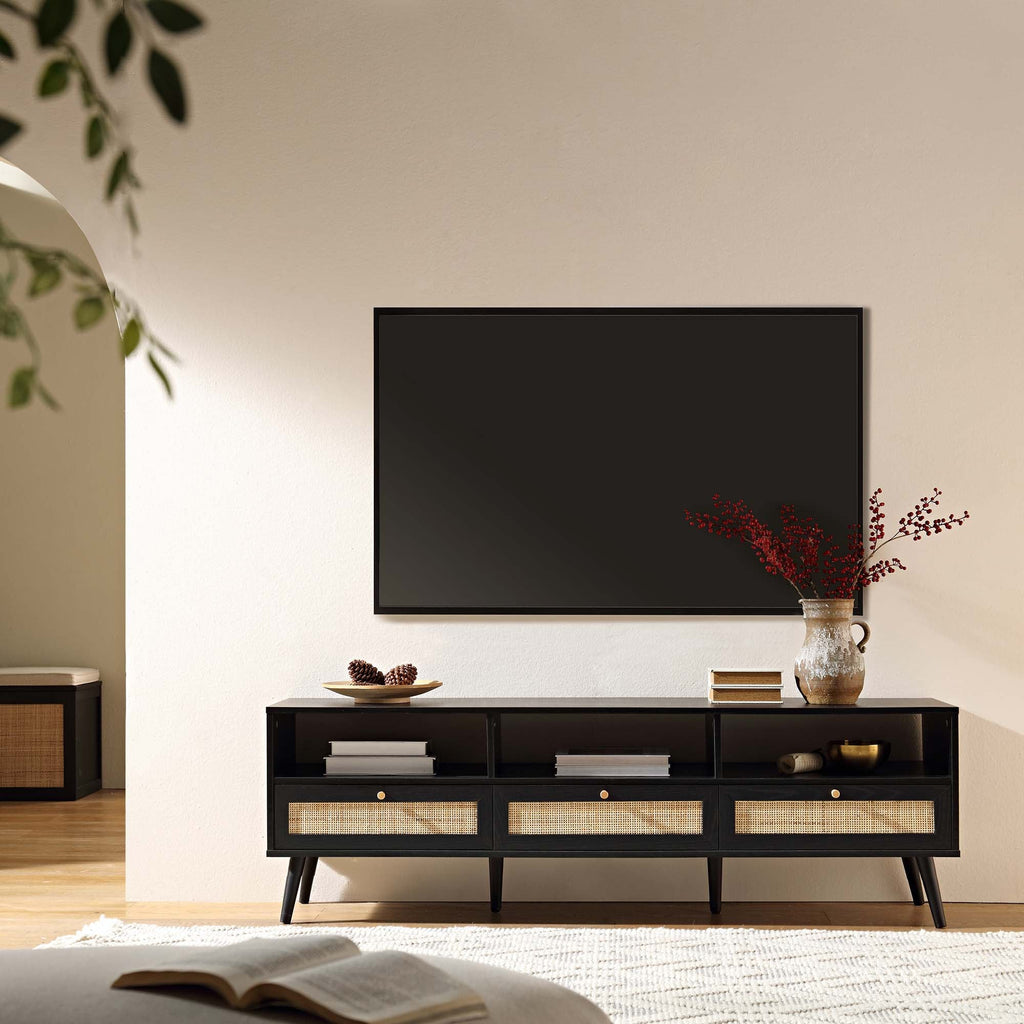 Frances Woven Rattan 63in. 3-Drawer TV Unit, Black | daals.com