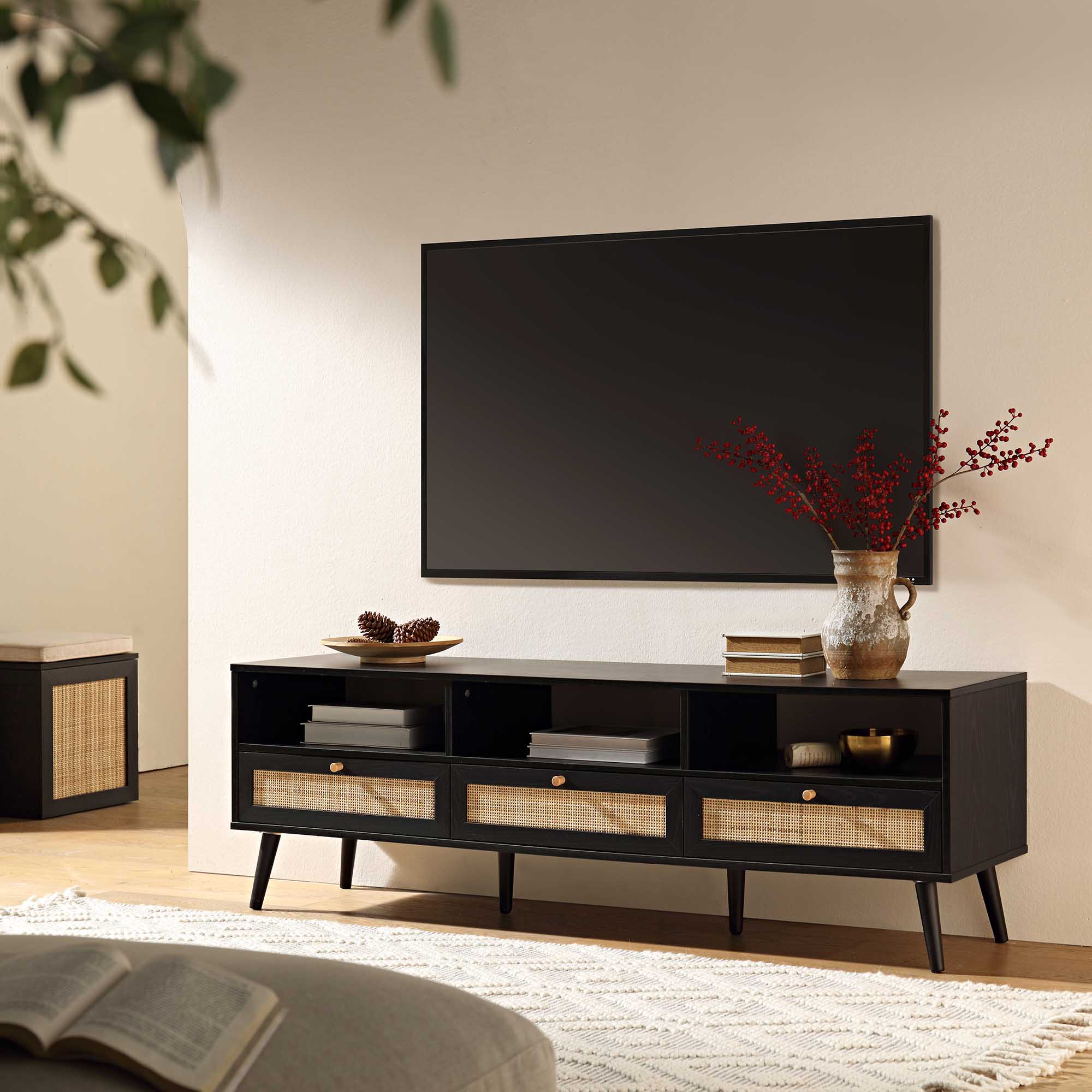 Frances Woven Rattan 63in. 3-Drawer TV Unit, Black | daals.com