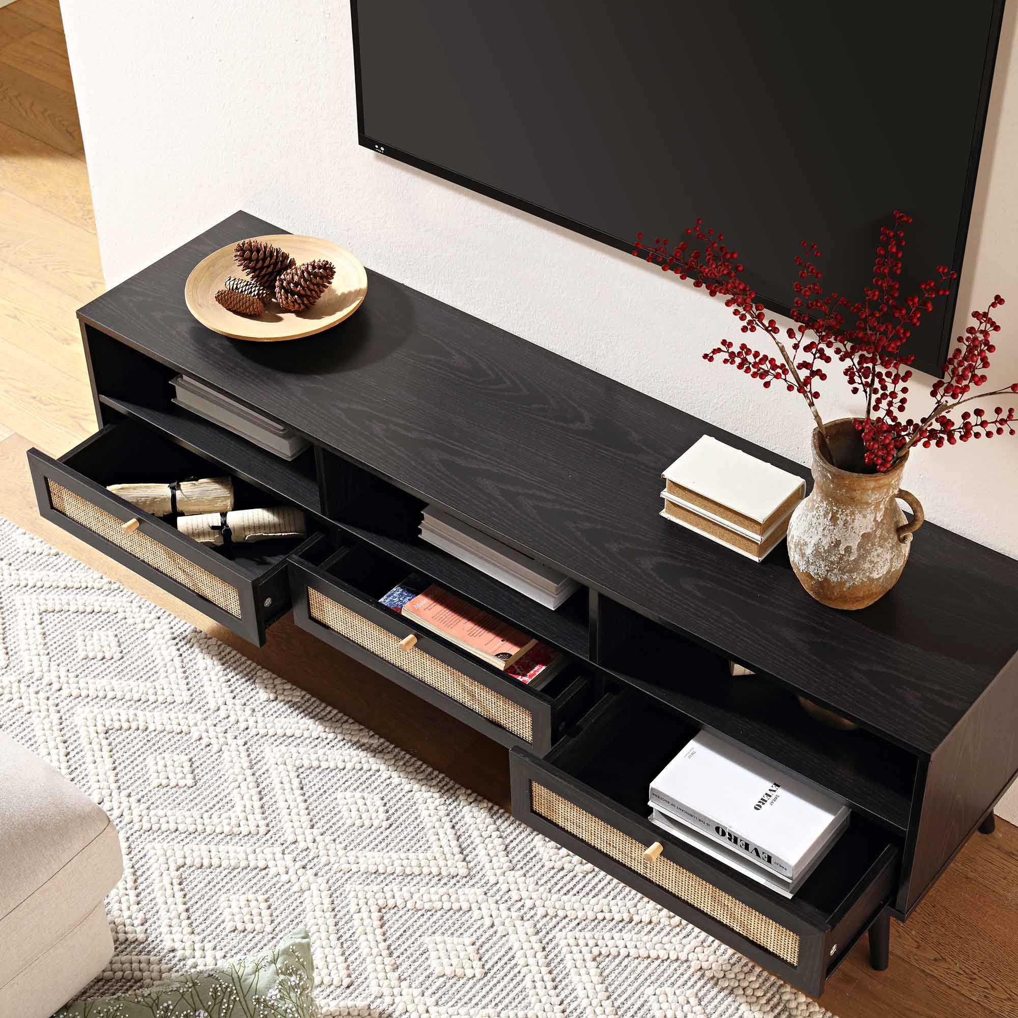 Frances Woven Rattan 63in. 3-Drawer TV Unit, Black | daals.com