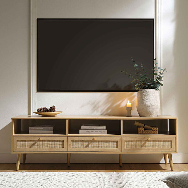 Frances Woven Rattan 63 in. 3-Drawer TV Unit, Natural | daals.com