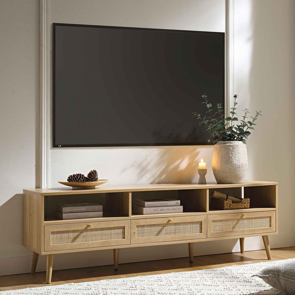 Frances Woven Rattan 63 in. 3-Drawer TV Unit, Natural | daals.com