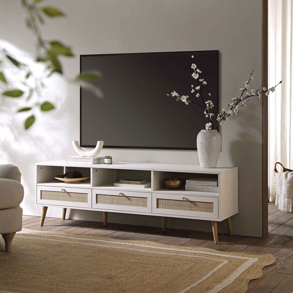 Frances Woven Rattan 63 in. 3-Drawer TV Unit, White | daals.com