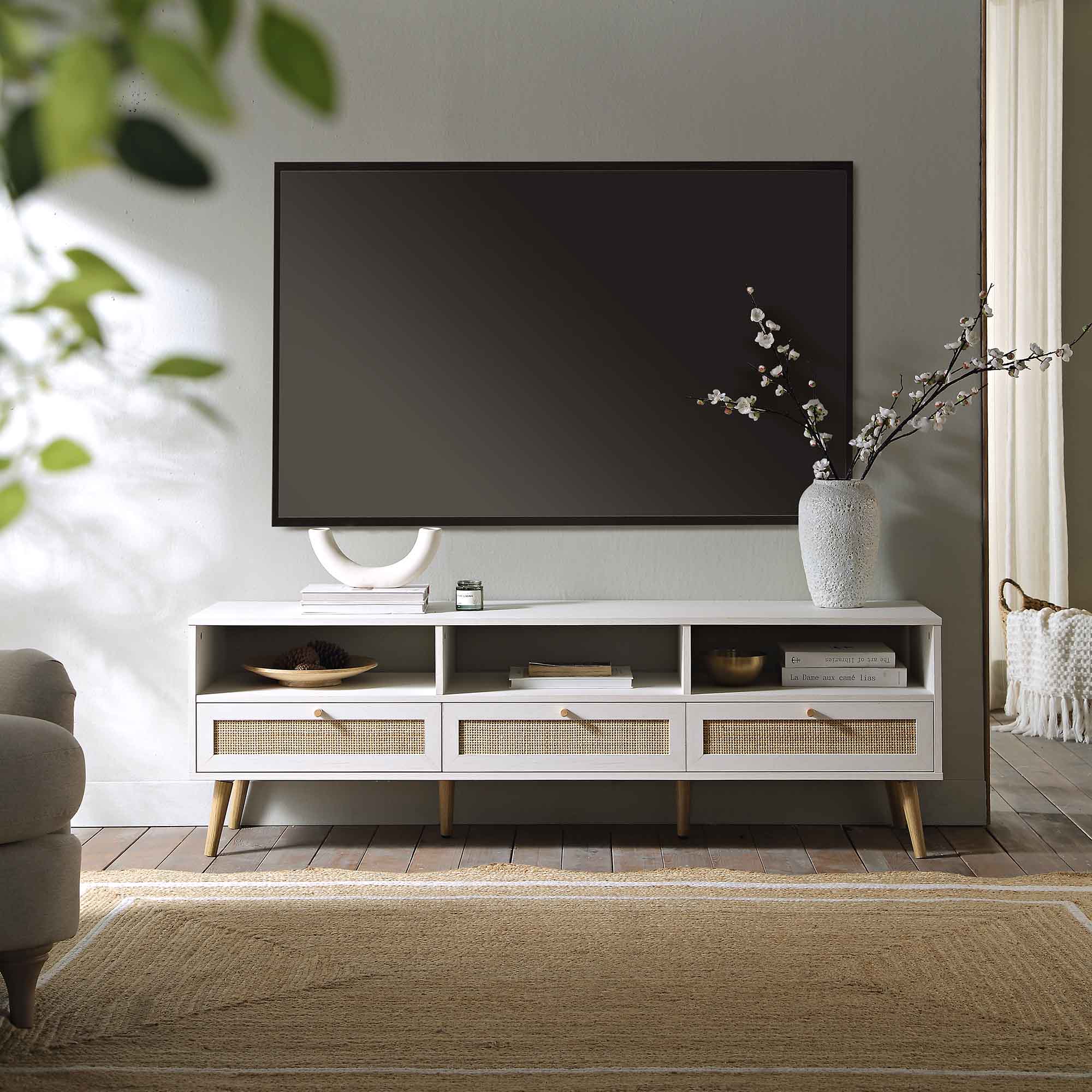 Frances Woven Rattan 63 in. 3-Drawer TV Unit, White