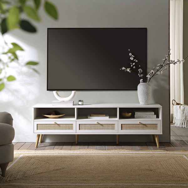 Frances Woven Rattan 63 in. 3-Drawer TV Unit, White