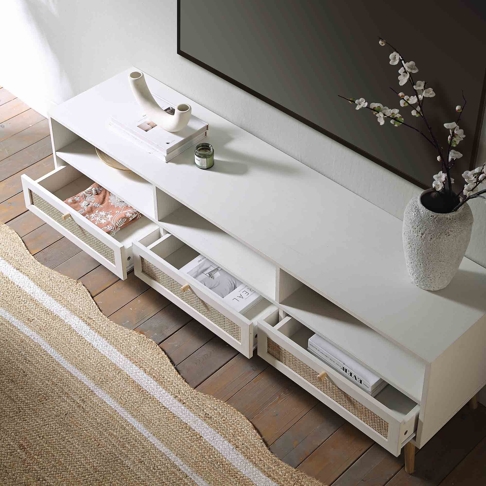 Frances Woven Rattan 63 in. 3-Drawer TV Unit, White