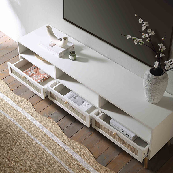 Frances Woven Rattan 63 in. 3-Drawer TV Unit, White