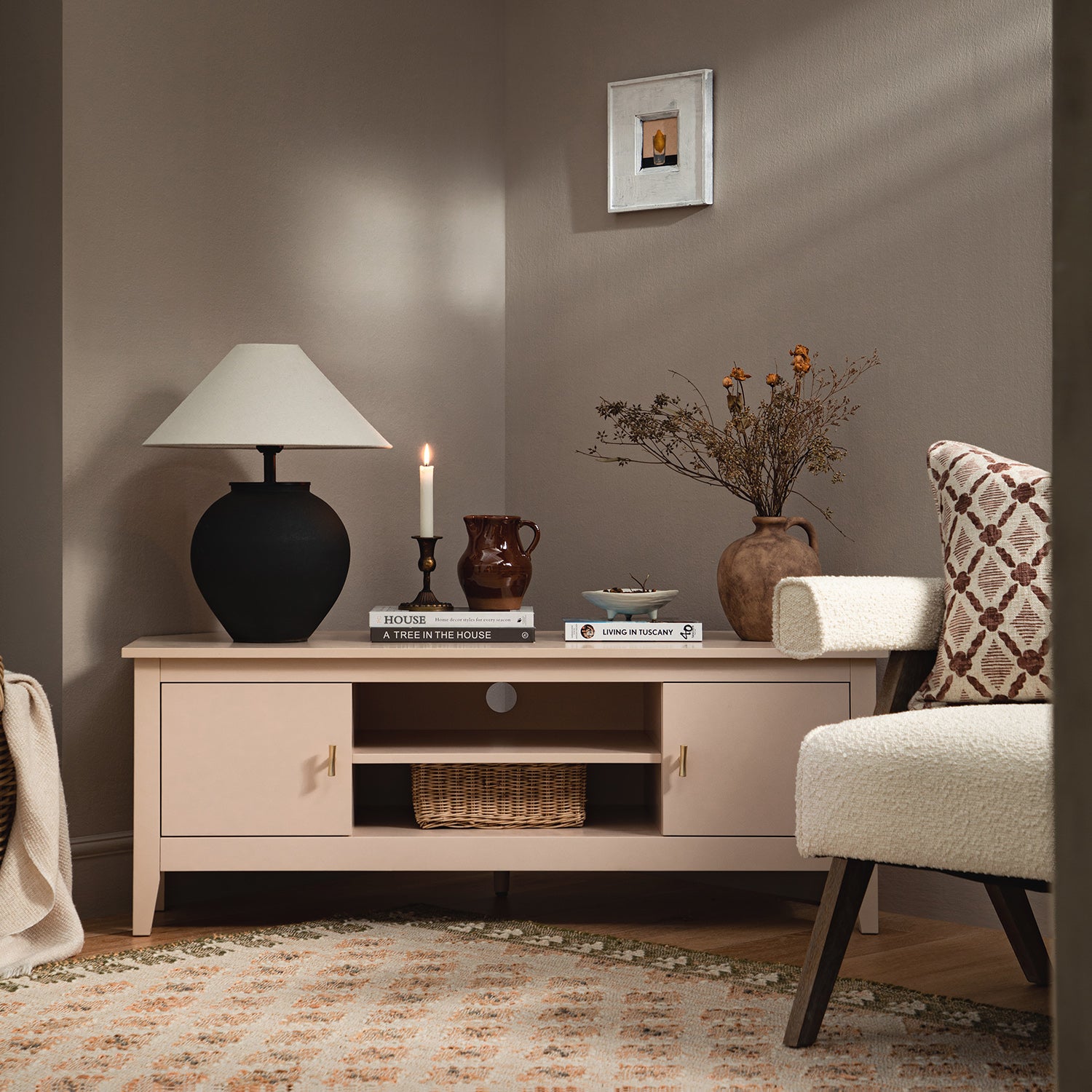 Oakham 47" Wide Corner Media Unit, Nude Pink