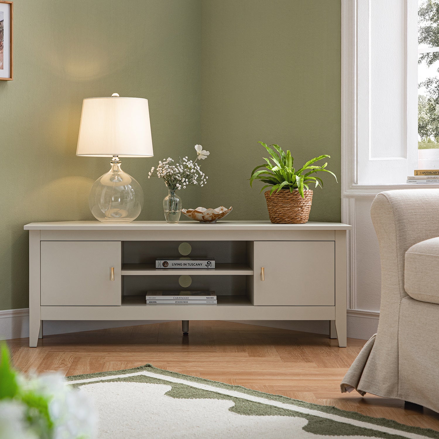 Oakham 47" Wide Corner Media Unit, Shaded White