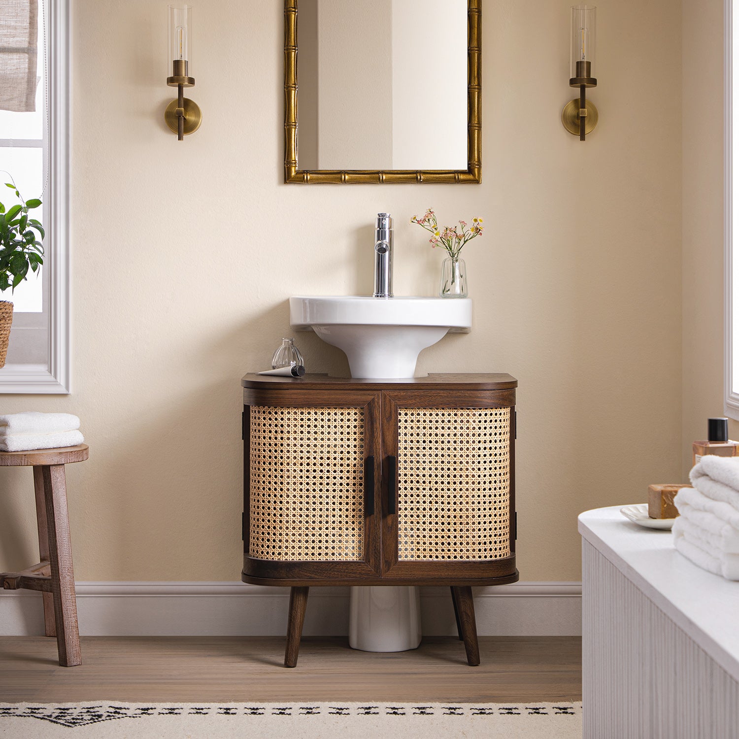 Izzy Curved Rattan Undersink Unit, Walnut