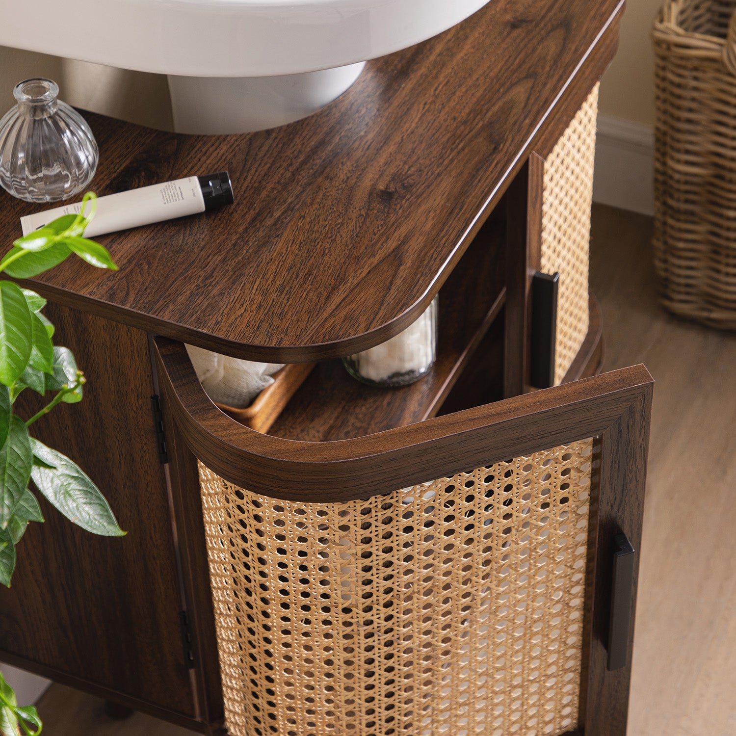 Izzy Curved Rattan Undersink Unit, Walnut