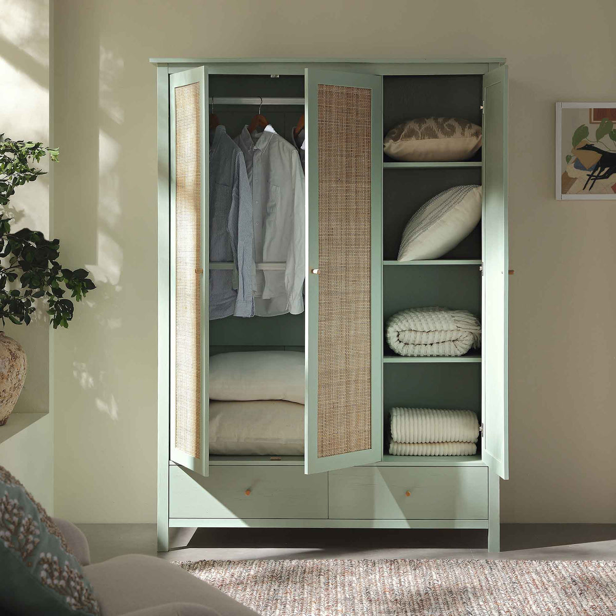 Frances Rattan Triple Closet with 2 Drawers, Mint | daals.com