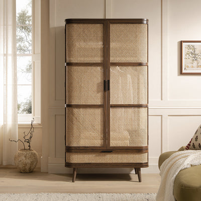 Izzy Curved Rattan Double Closet, Walnut