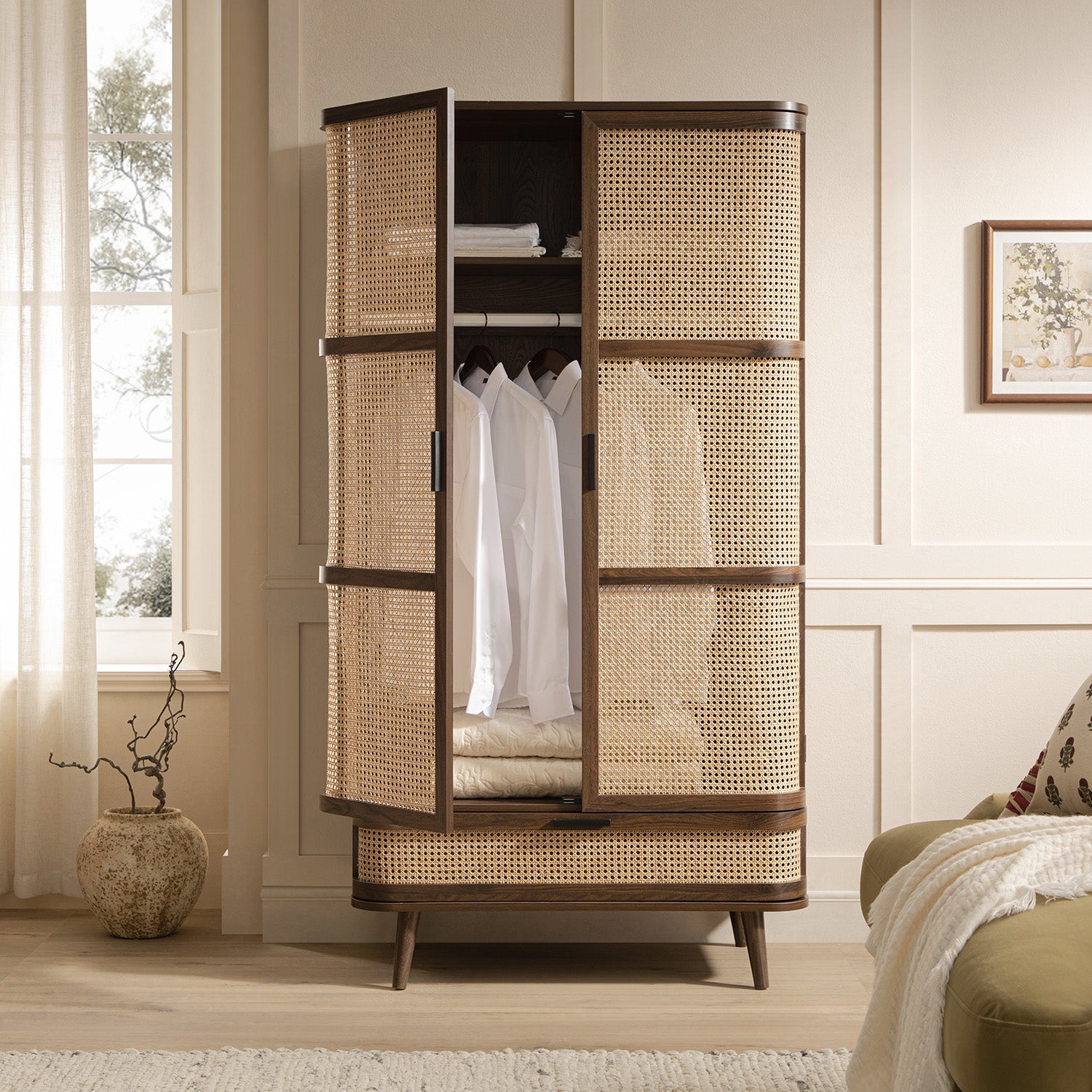 Izzy Curved Rattan Double Closet, Walnut