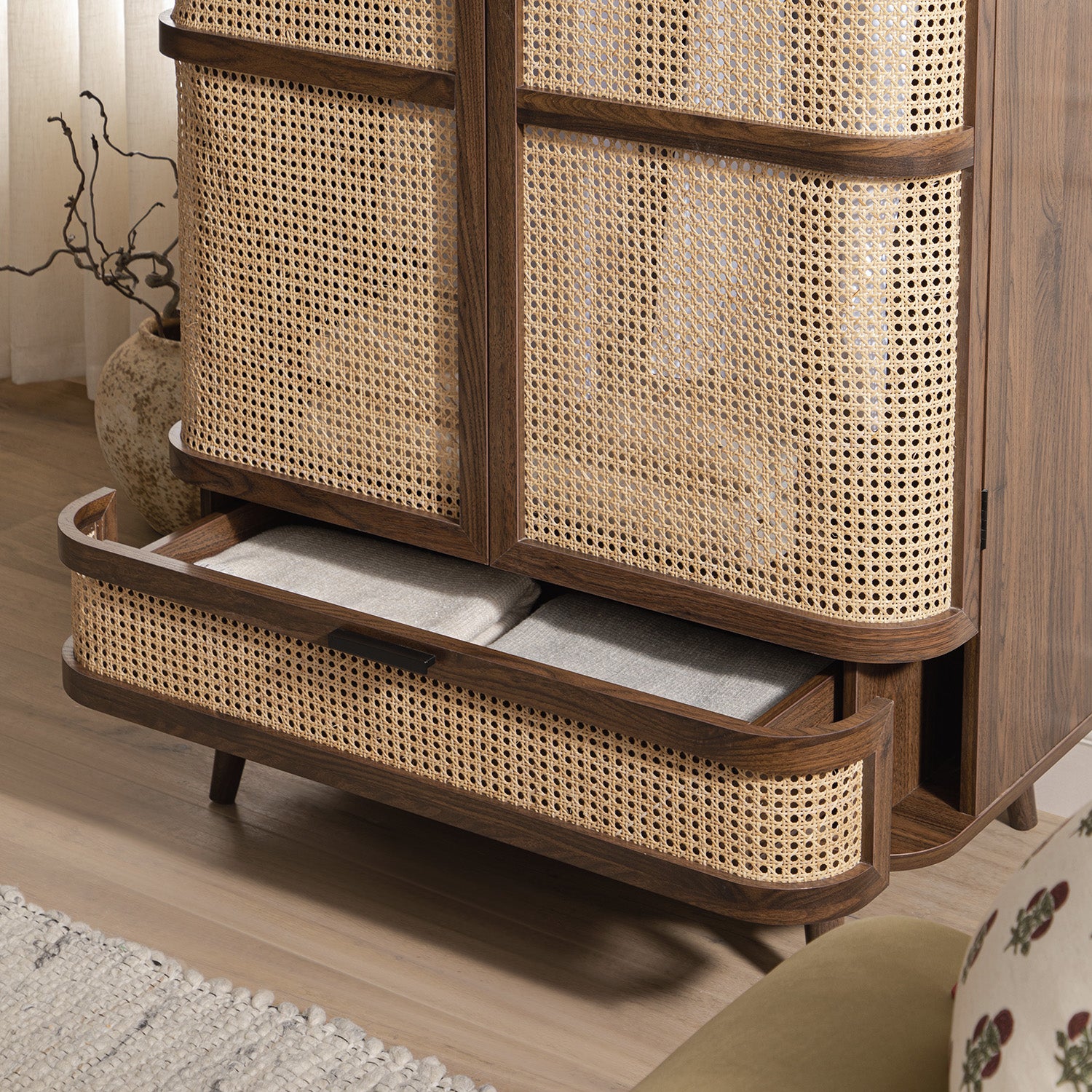 Izzy Curved Rattan Double Closet, Walnut