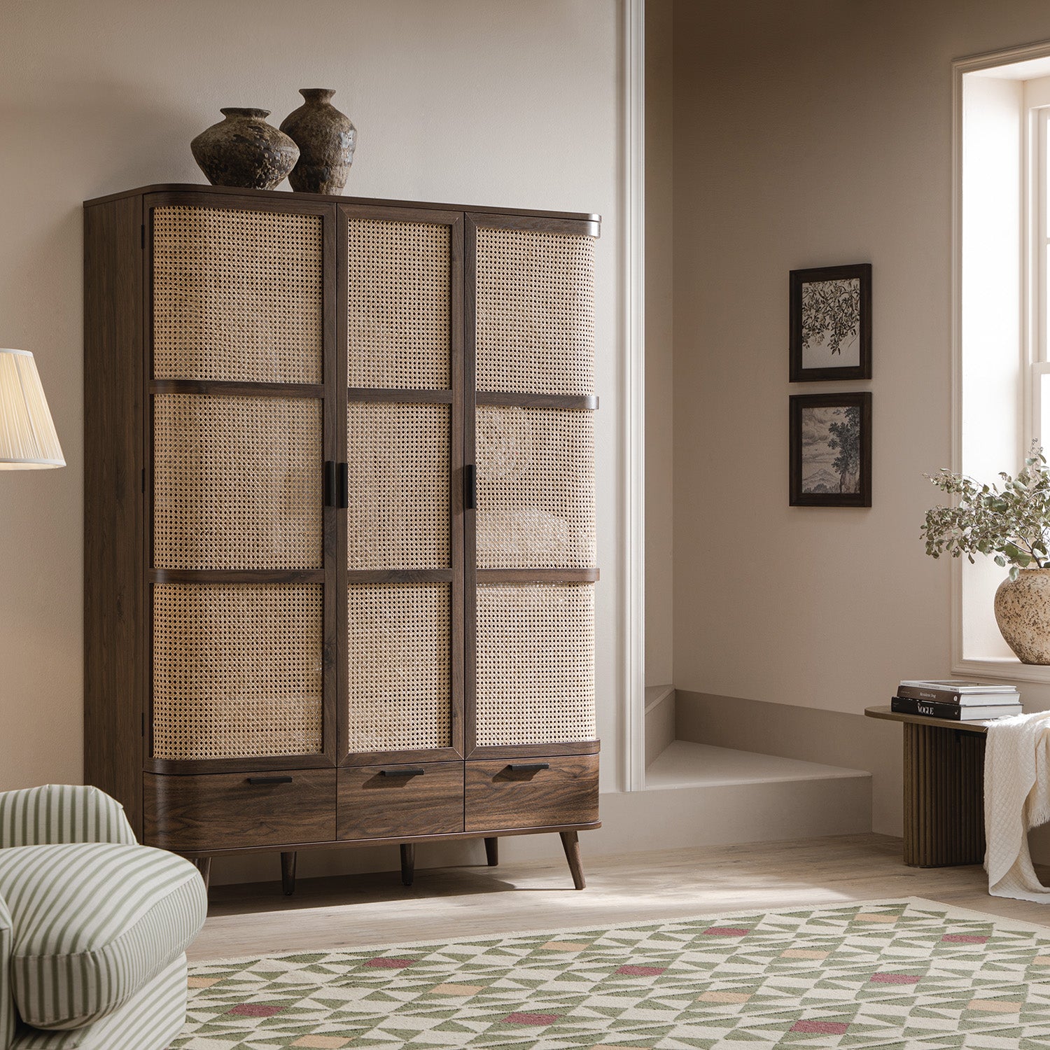 Izzy Curved Rattan Triple  Closet, Walnut