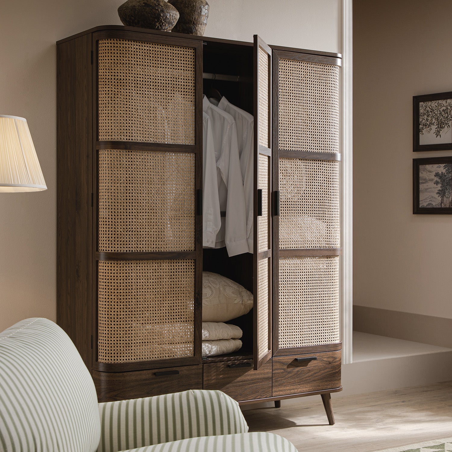 Izzy Curved Rattan Triple  Closet, Walnut
