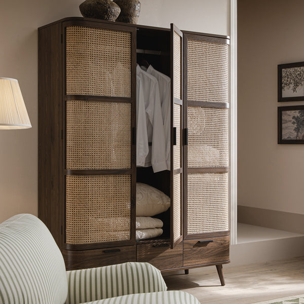 Izzy Curved Rattan Triple  Closet, Walnut