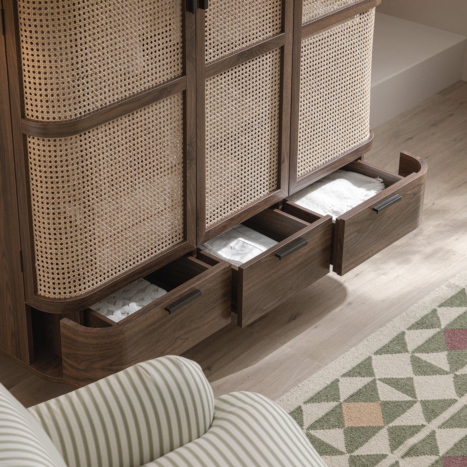 Izzy Curved Rattan Triple  Closet, Walnut