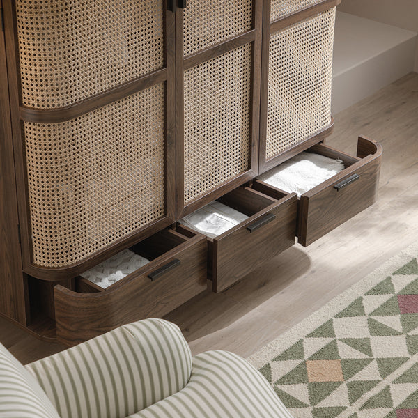 Izzy Curved Rattan Triple  Closet, Walnut