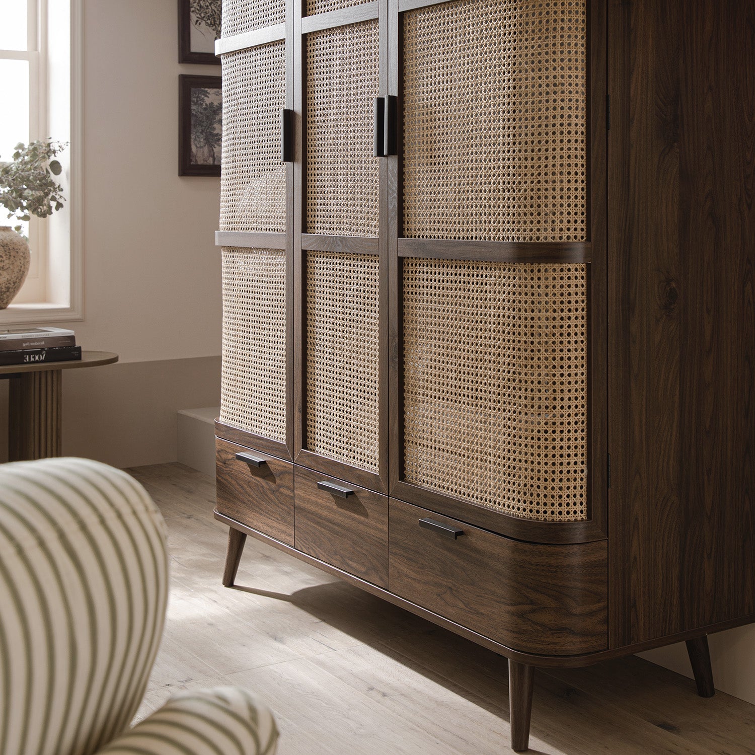Izzy Curved Rattan Triple  Closet, Walnut
