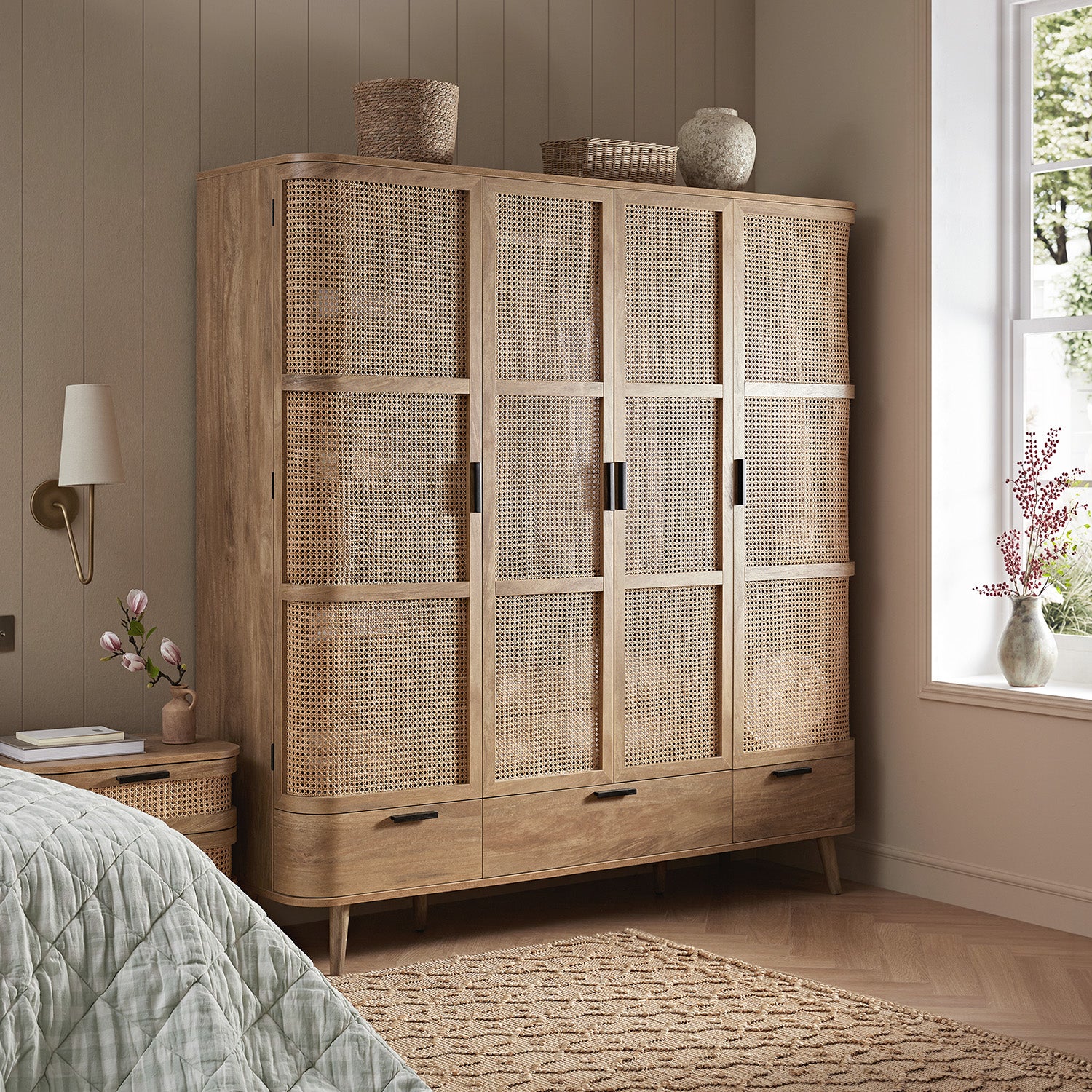 Izzy Curved Rattan 4-Door Closet, Natural