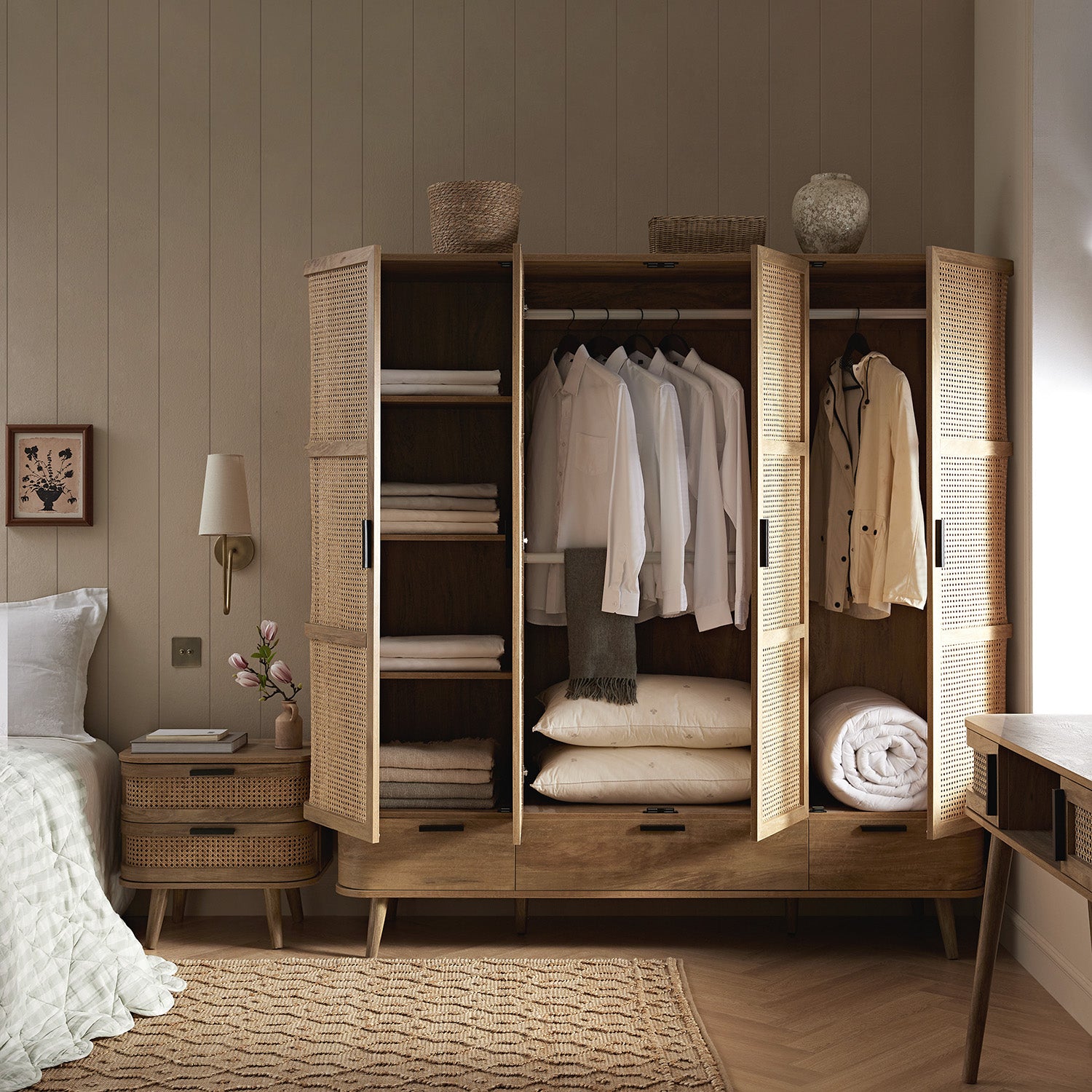 Izzy Curved Rattan 4-Door Closet, Natural