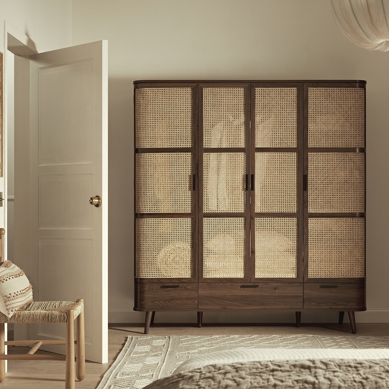 Izzy Curved Rattan 4-Door Closet, Walnut