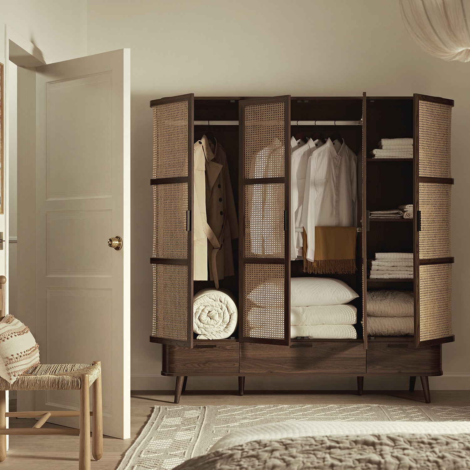 Izzy Curved Rattan 4-Door Closet, Walnut