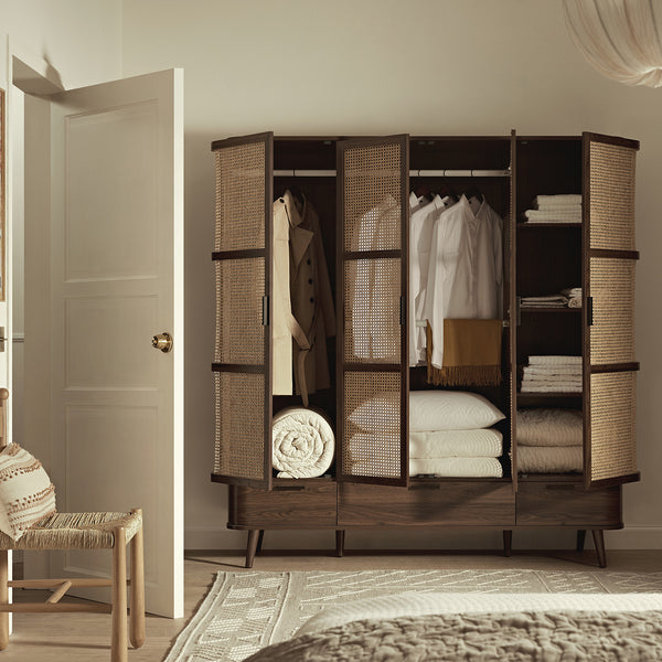 Izzy Curved Rattan 4-Door Closet, Walnut
