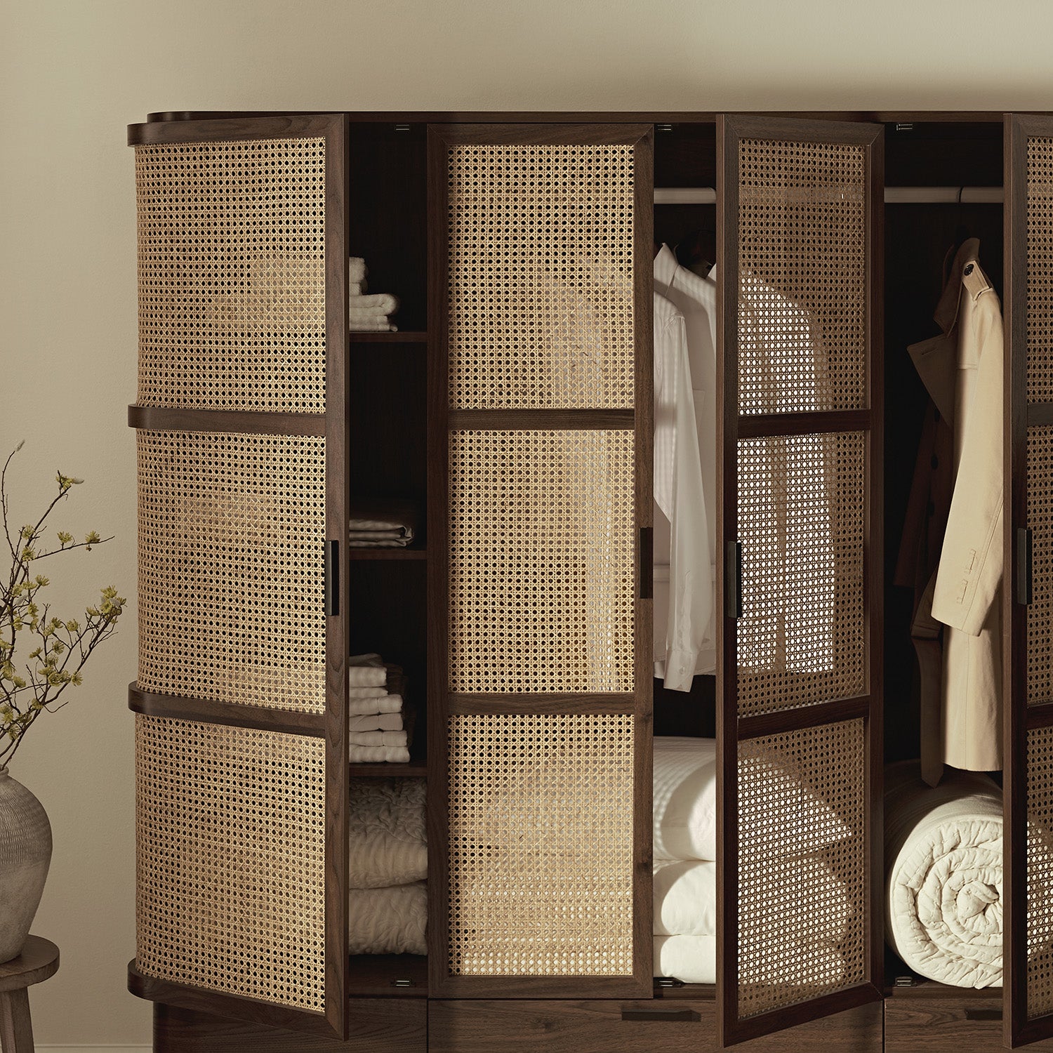 Izzy Curved Rattan 4-Door Closet, Walnut