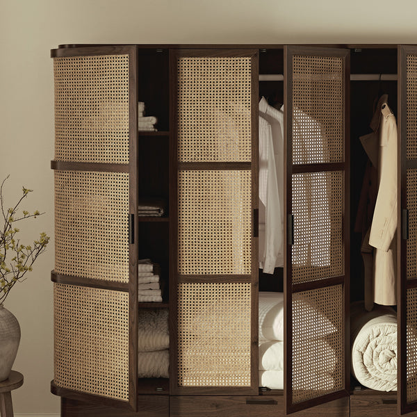 Izzy Curved Rattan 4-Door Closet, Walnut