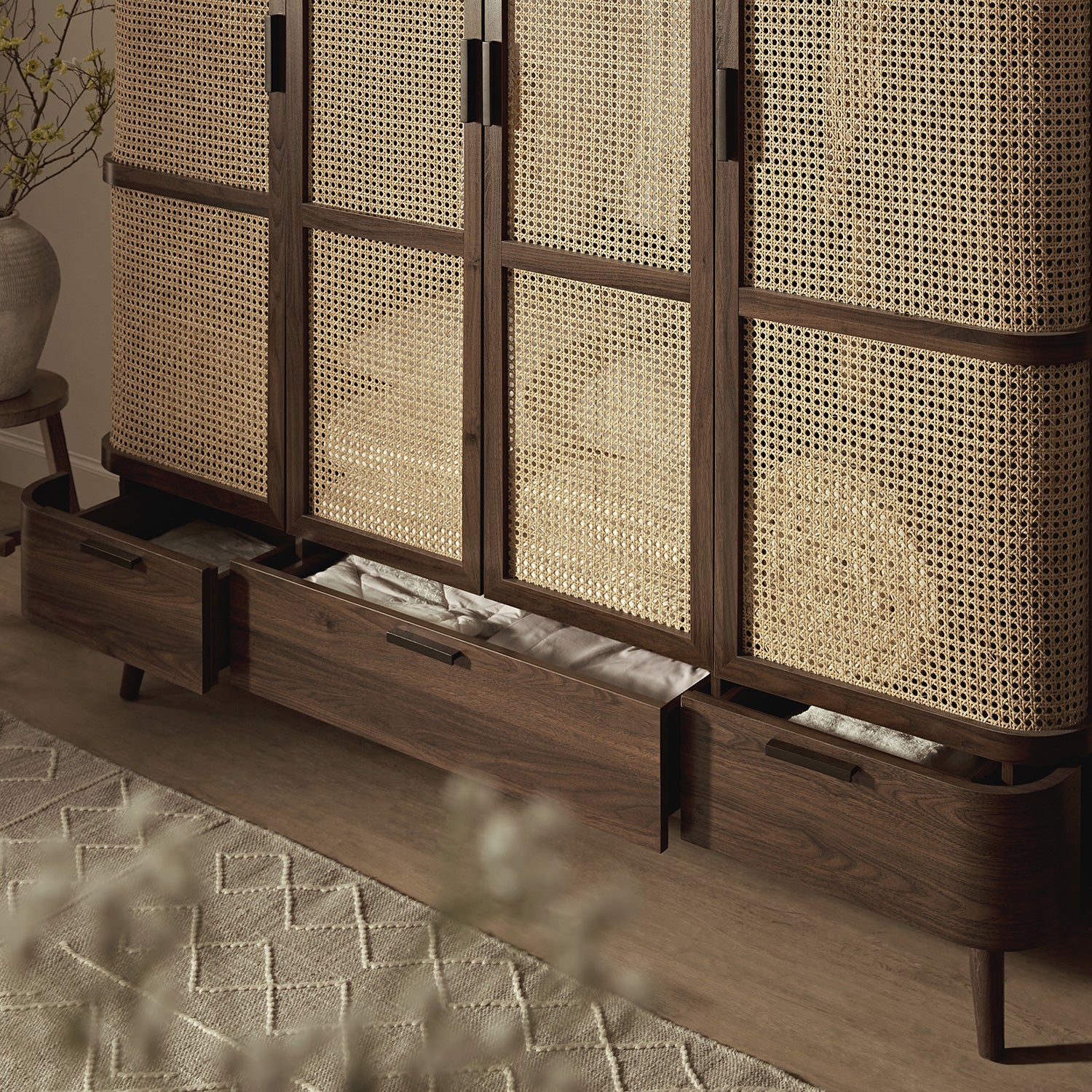 Izzy Curved Rattan 4-Door Closet, Walnut