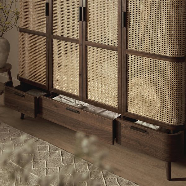Izzy Curved Rattan 4-Door Closet, Walnut