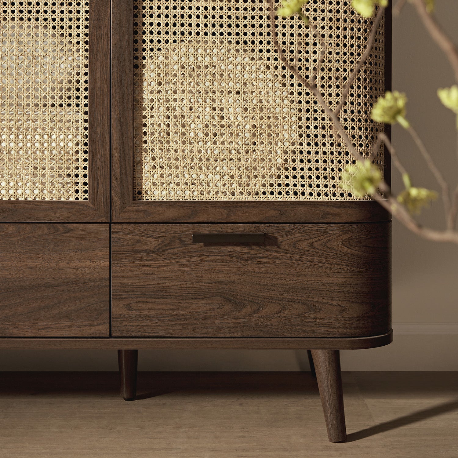 Izzy Curved Rattan 4-Door Closet, Walnut