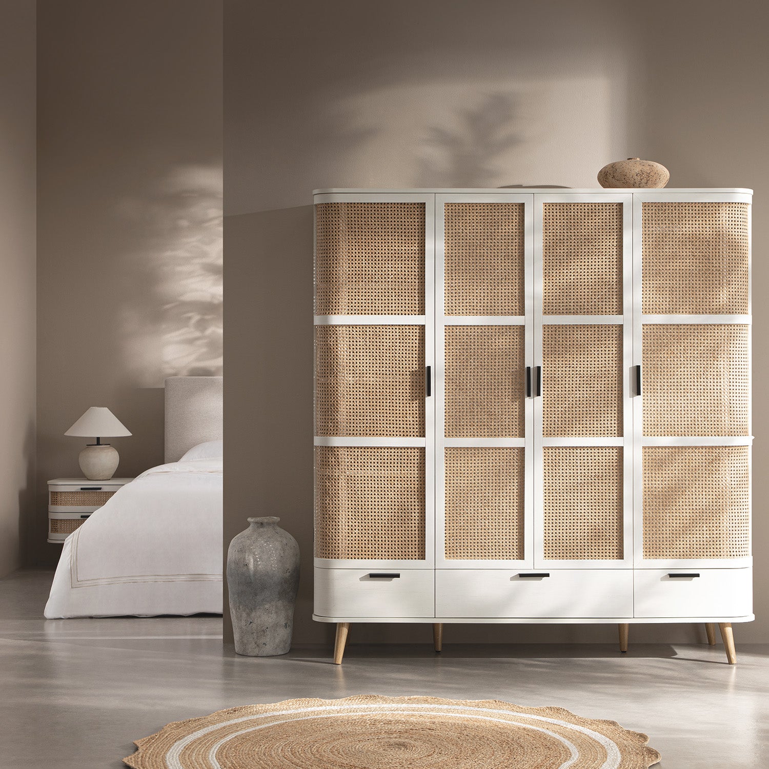 Izzy Curved Rattan 4-Door Closet, White