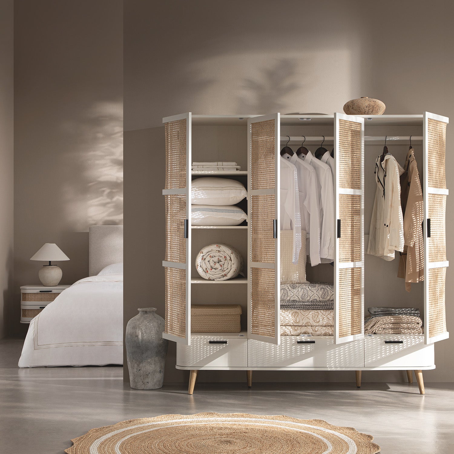 Izzy Curved Rattan 4-Door Closet, White