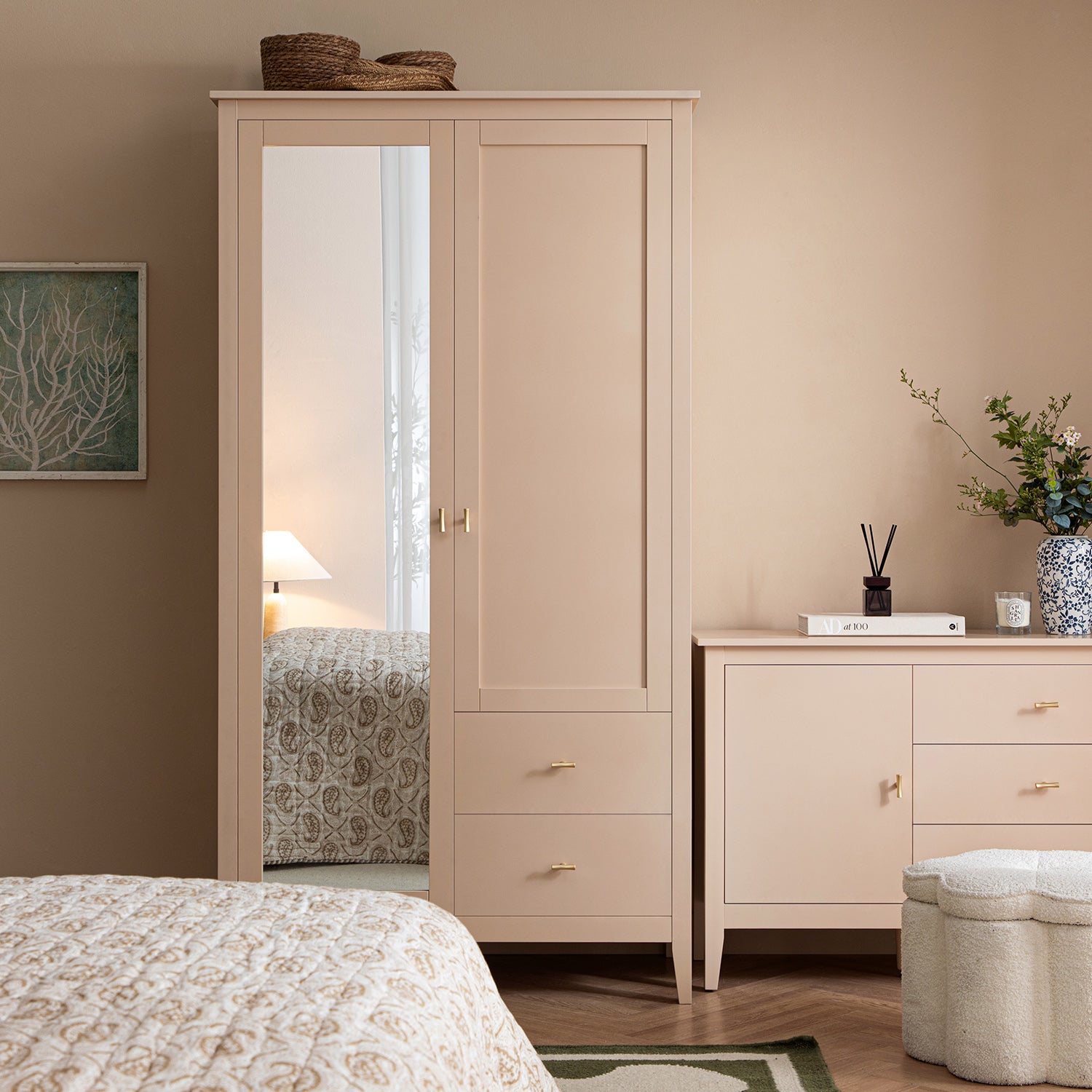 Oakham Mirrored Double Closet, Nude Pink