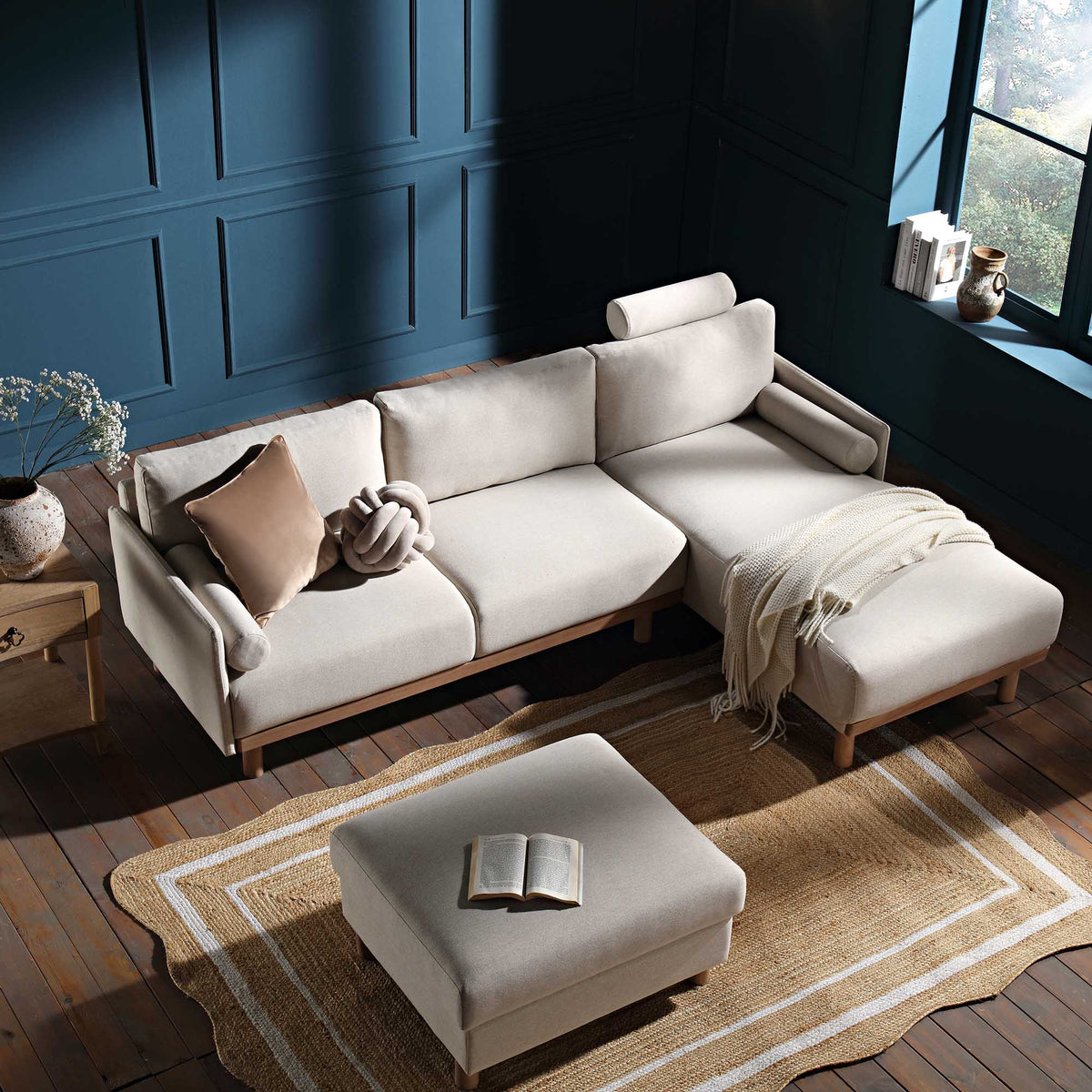 Large Rug Sofa Timber Oatmeal Fabric Sofa, Large 3-Seater Chaise Sofa Right Hand Faci ...