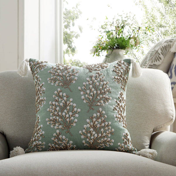 Vine Collection Primula Hand Embroidered Beaded Pillow