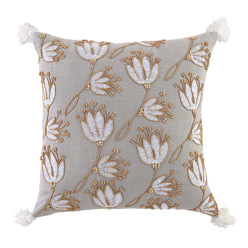Vine Collection Wild Lotus Hand Embroidered Beaded Pillow