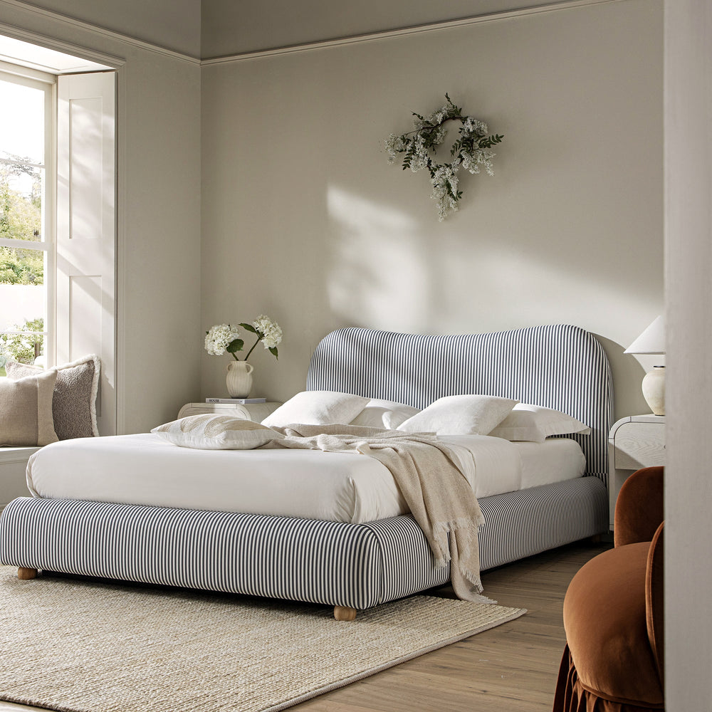 Egerie Curved Headboard Slate Blue Striped Fabric Ottoman Storage Bed ...