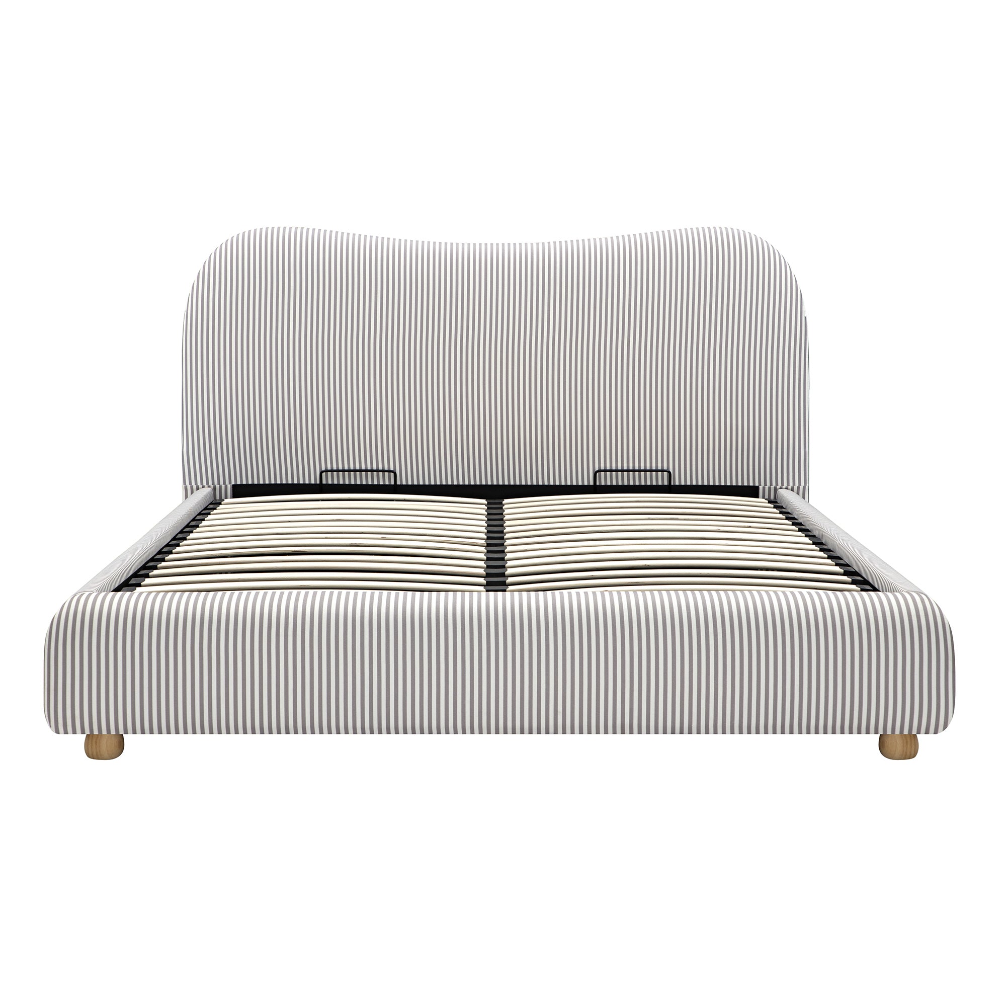 Egerie Curved Headboard Light Taupe Striped Fabric Ottoman Storage Bed
