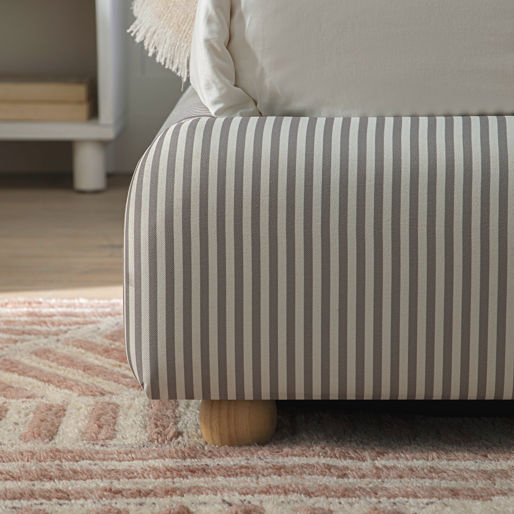 Egerie Curved Headboard Light Taupe Striped Fabric Ottoman Storage Bed